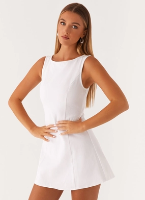 Rochelle Denim Mini Dress - White LowImpact Zipper Light and Breezy Rochelle Denim Mini Dress - White
