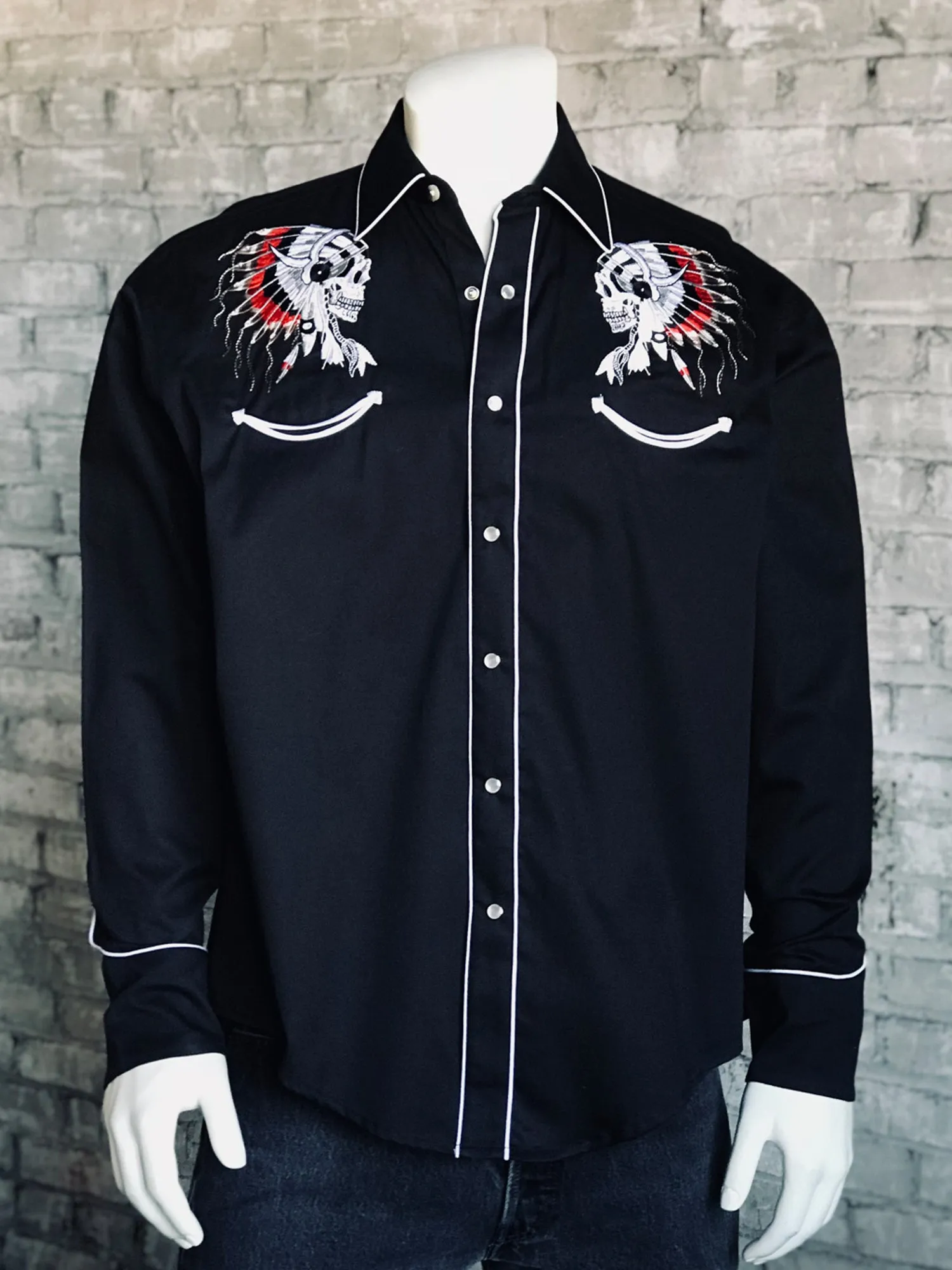 Sporty Style High-End Fabric Rockmount Mens Black 100% Cotton Chief Skull Western L/S Shirt