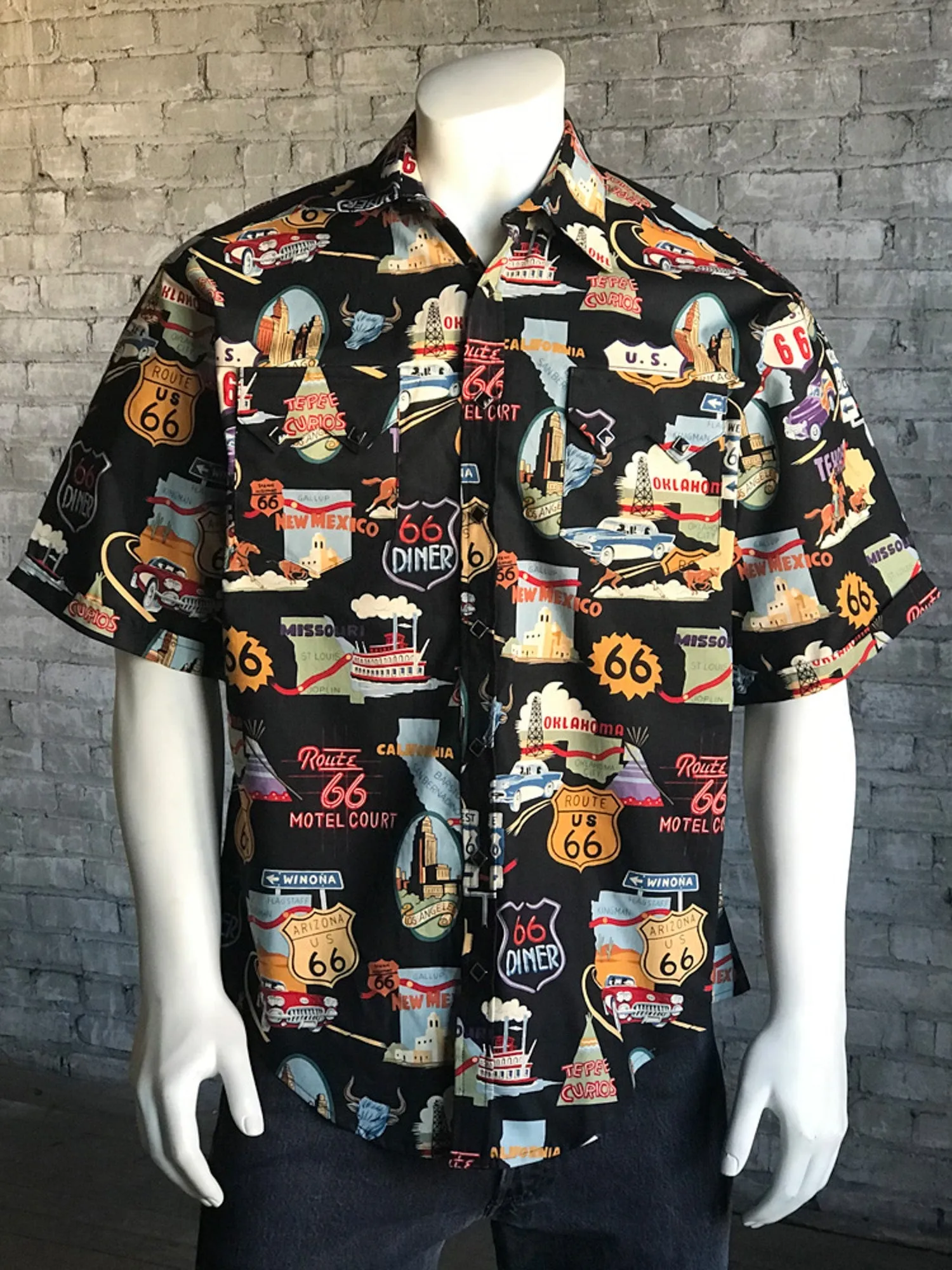 Rockmount Mens Black 100% Cotton Route 66 Western S/S Shirt Yoke Design Smart Casual