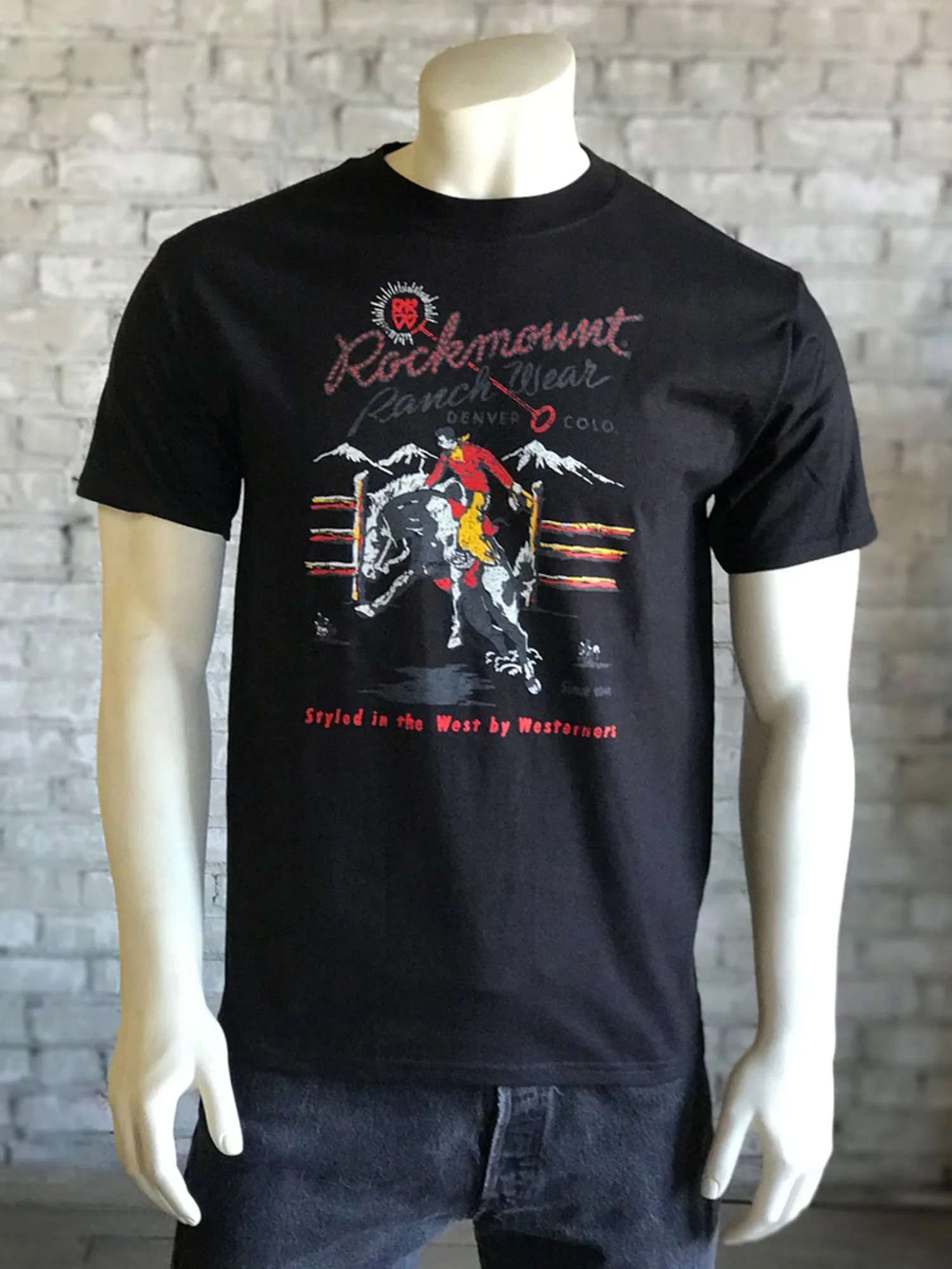 Rockmount Mens Black 100% Cotton Vintage RRW Bronc S/S T-shirt Classic Collar Social Meetup