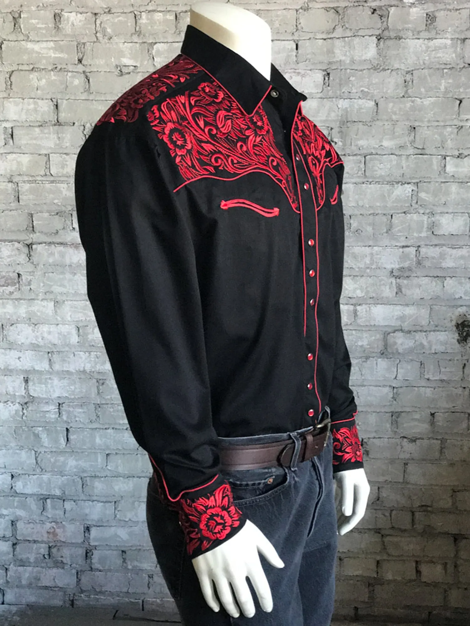 Business Meeting Rockmount Mens Black/Red 100% Cotton Vintage Tooling Western L/S Shirt