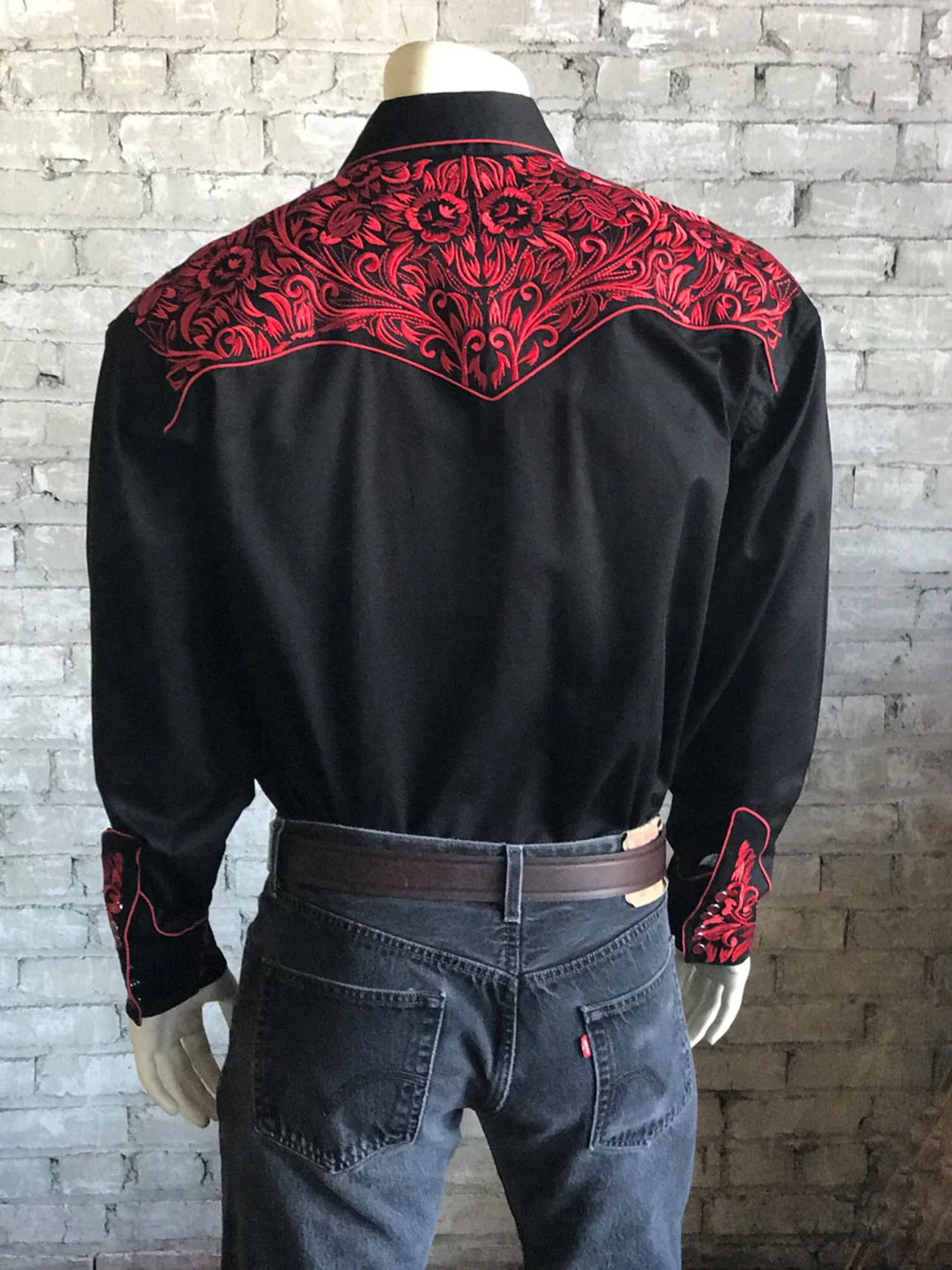 Rockmount Mens Black/Red 100% Cotton Vintage Tooling Western L/S Shirt Seamless Side Panels Lightweight Fabric