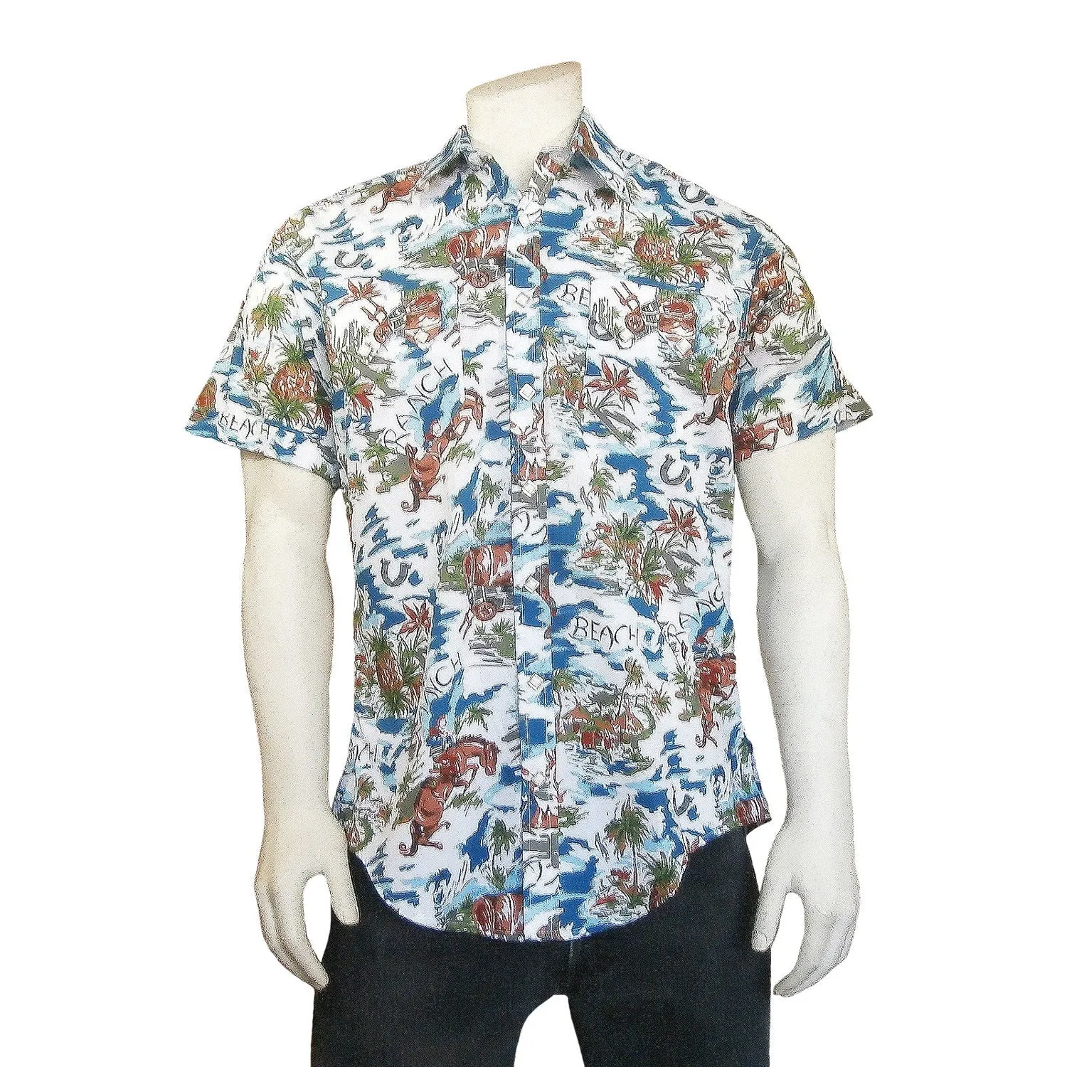 crew neck Rockmount Mens Blue 100% Rayon Hawaiian Floral Western S/S Shirt