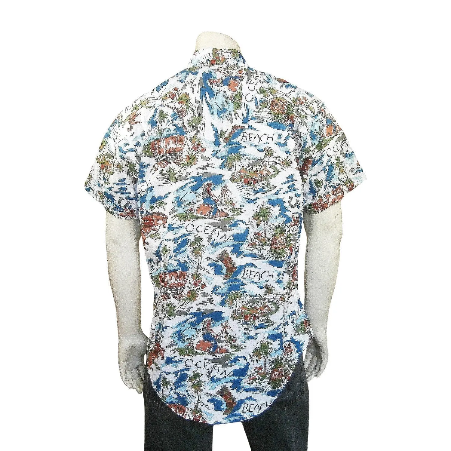 Adjustable Cuff Closure Rockmount Mens Blue 100% Rayon Hawaiian Floral Western S/S Shirt