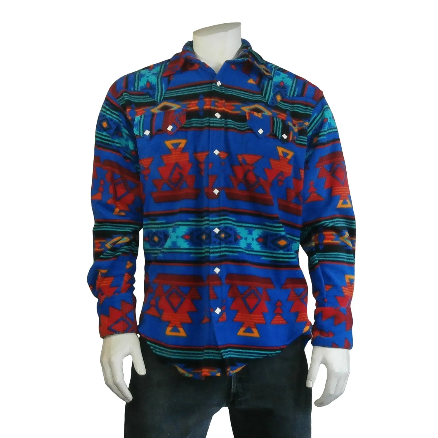 Pre Shrunk Cotton Blend Soft Stretch Collar Rockmount Mens Blue/Red Fleece Native Pattern Western L/S Shirt