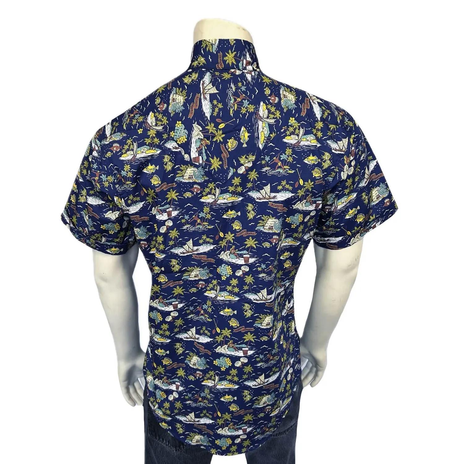 Bold Prints Stretchy Cloth Rockmount Mens Hawaiian Print Western Blue 100% Cotton S/S Shirt