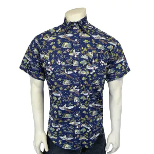 Rockmount Mens Hawaiian Print Western Blue 100% Cotton S/S Shirt Cool Feel Wrinkle Free Care Chic Ensemble Rockmount Mens Hawaiian Print Western Blue 100% Cotton S/S Shirt