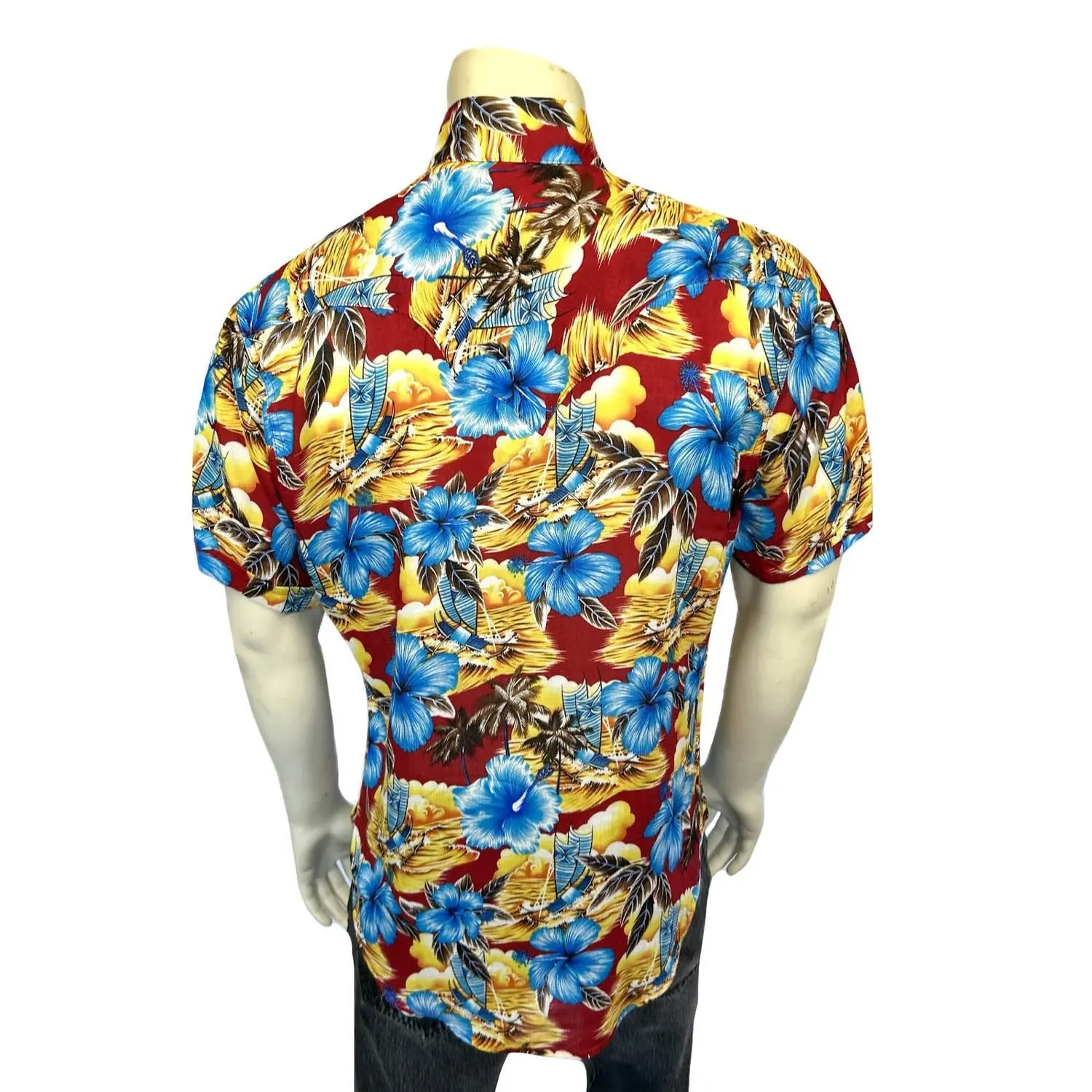 High Neck Rockmount Mens Hawaiian Print Western Red 100% Rayon S/S Shirt