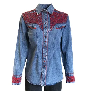 Rockmount Womens Denim/Red 100% Cotton Vintage Tooling Embroidery L/S Shirt High-Quality Fabric Rockmount Womens Denim/Red 100% Cotton Vintage Tooling Embroidery L/S Shirt Sheer Panel Odor control