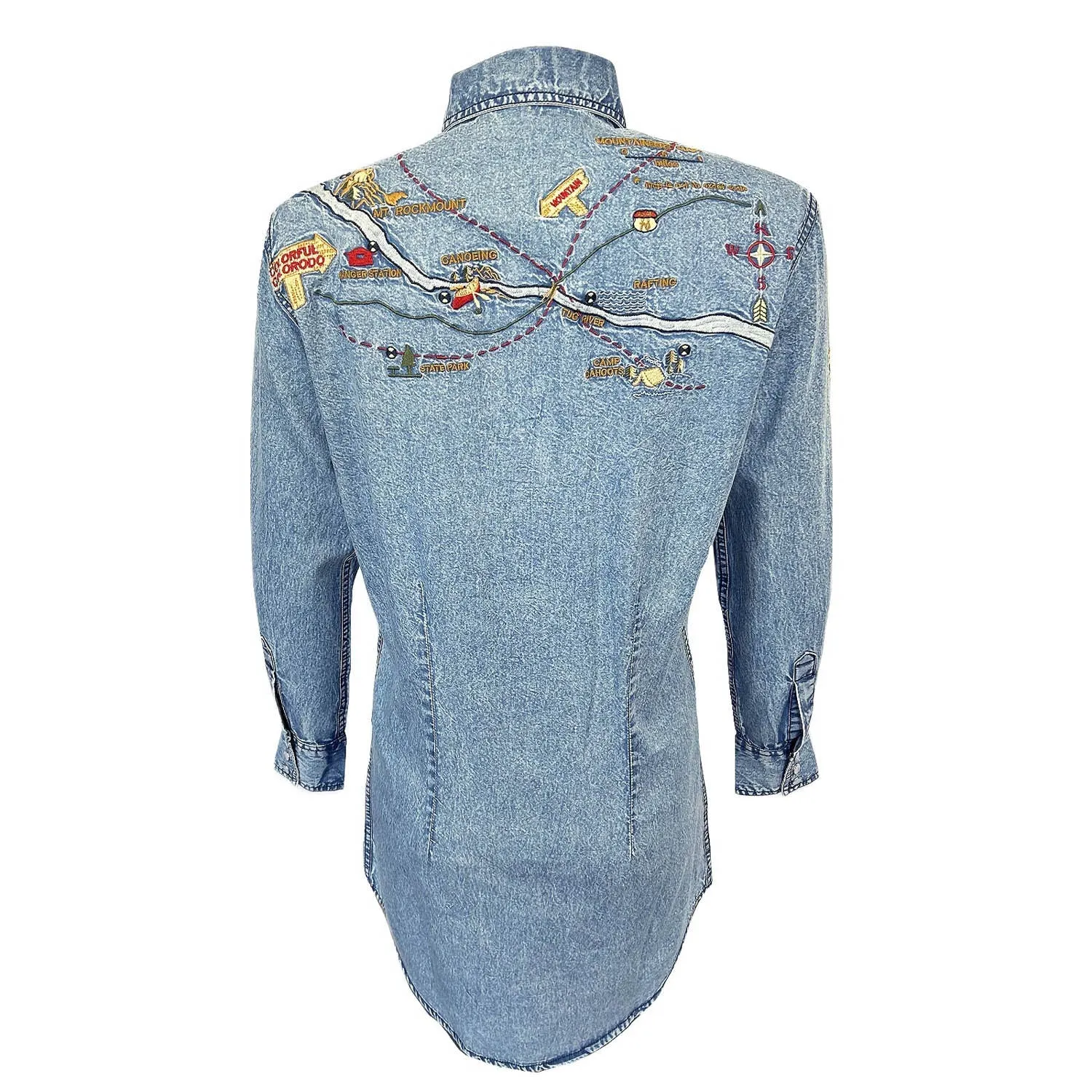 Rockmount Womens Embroidered Map Western Denim 100% Cotton L/S Dress Earthy Soft Day Out Style