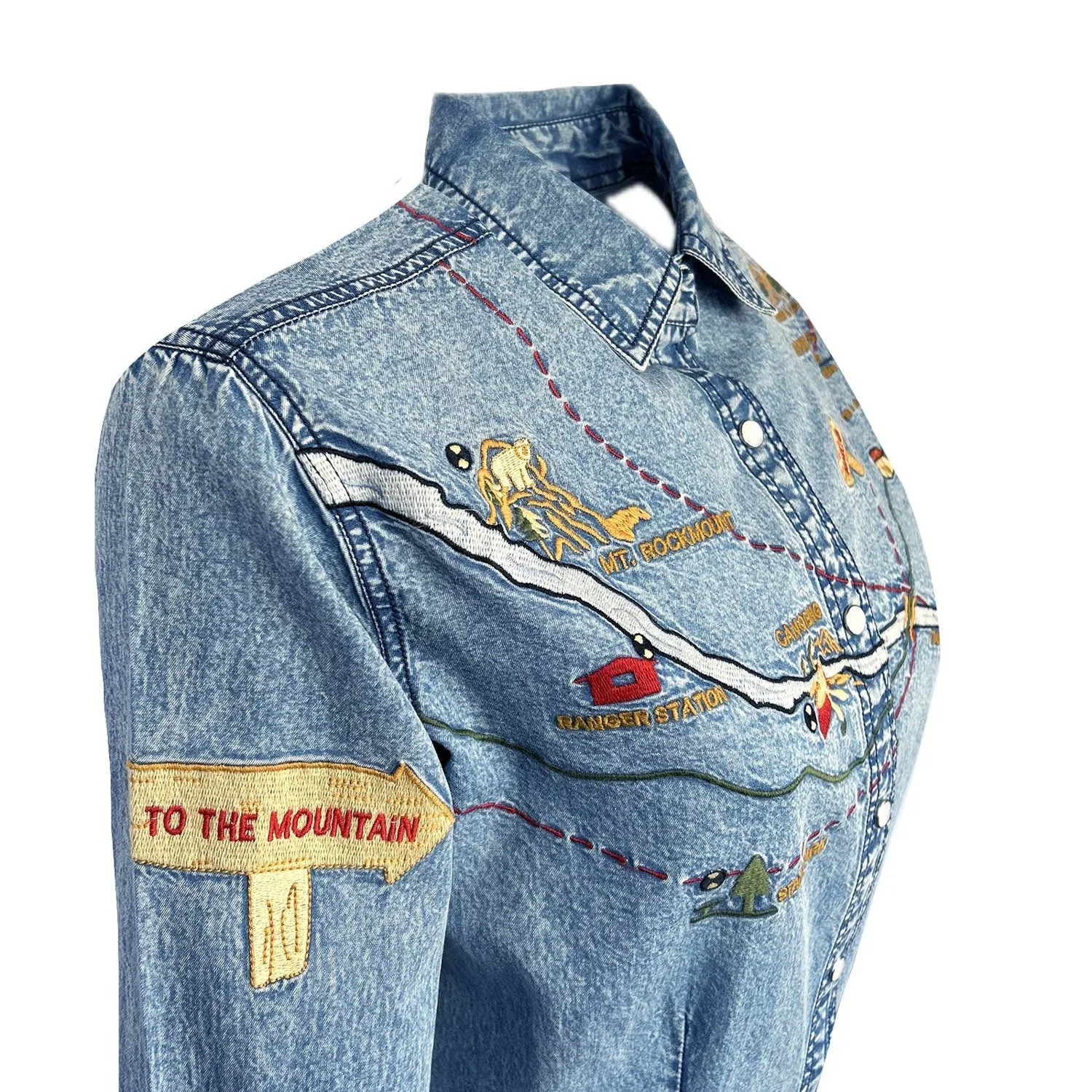 Rockmount Womens Embroidered Map Western Denim 100% Cotton L/S Dress Casual Friday Durable Athlete Fit