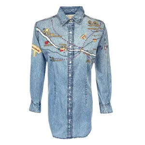 Rockmount Womens Embroidered Map Western Denim 100% Cotton L/S Dress Urban Form Modern Casual Picnic Style Modern Rockmount Womens Embroidered Map Western Denim 100% Cotton L/S Dress