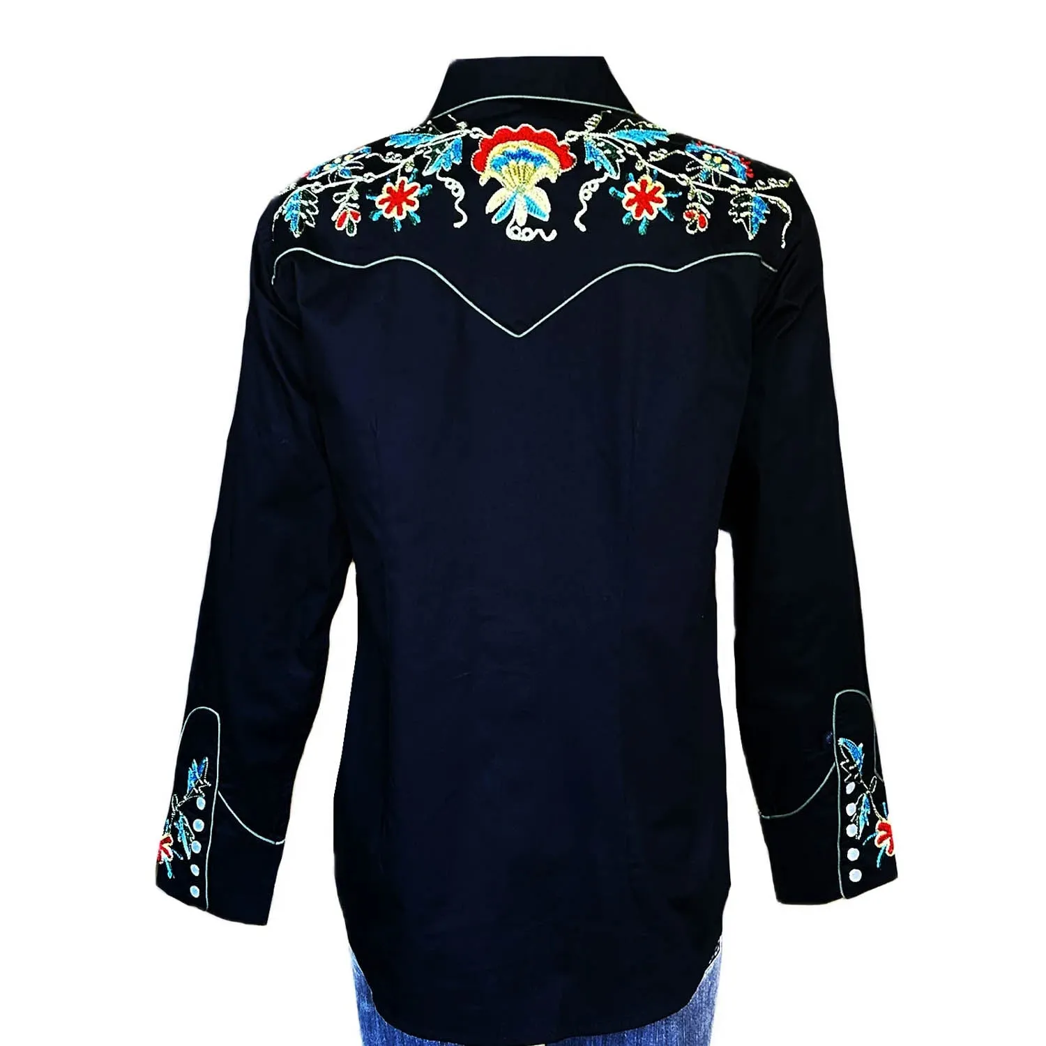 Work From Home Cooling Mesh Lining Rockmount Womens Floral Embroidered Western Black 100% Cotton L/S Shirt