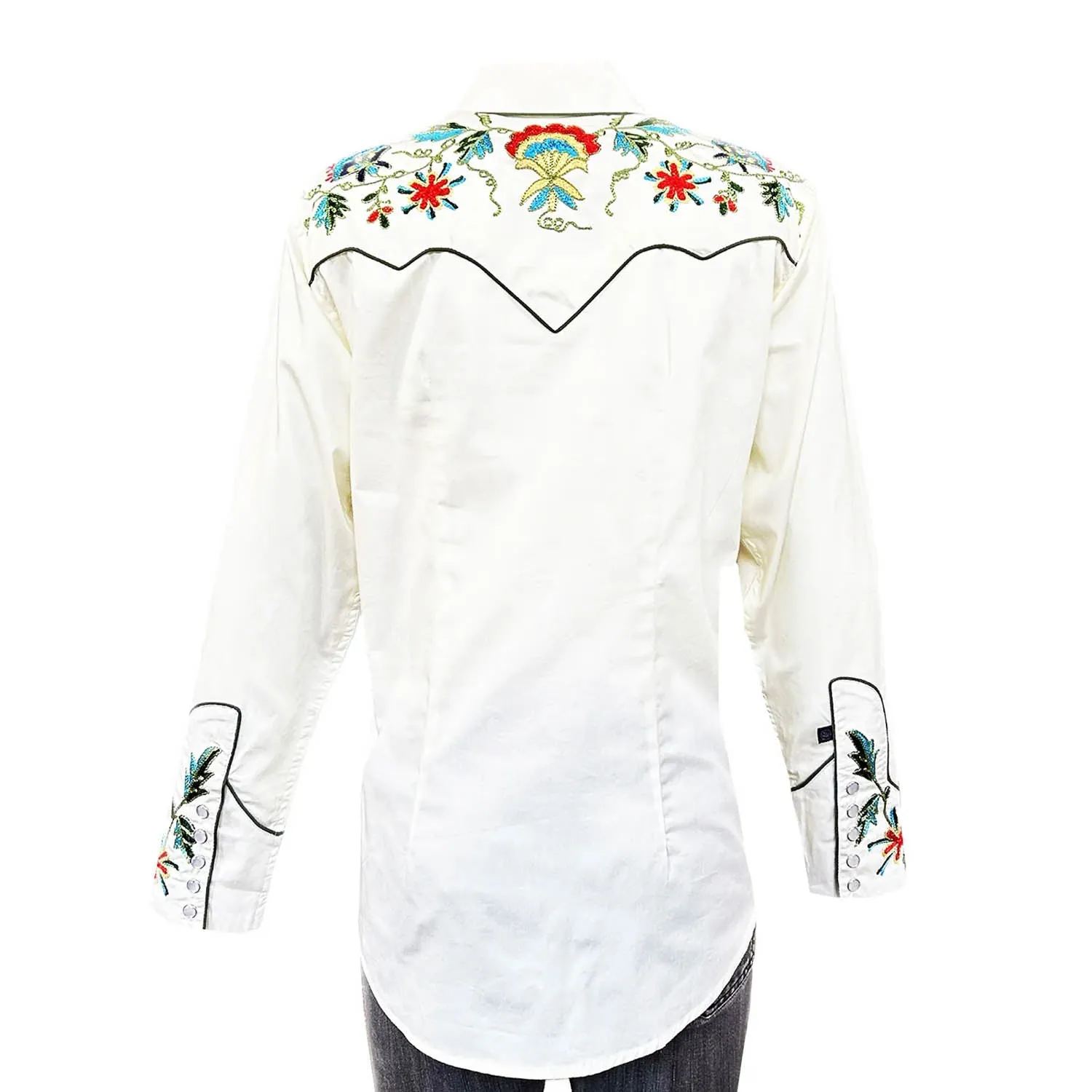 Rockmount Womens Floral Embroidered Western Ivory 100% Cotton L/S Shirt Trendy designs Active Wear