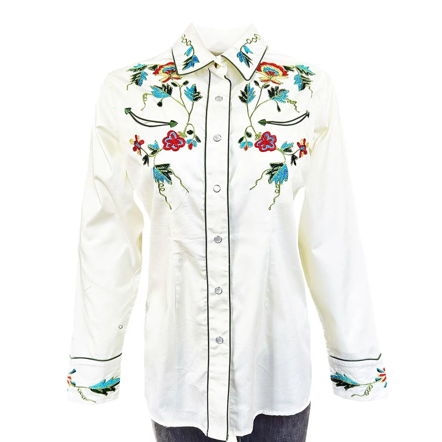 Odor Control Fabric Rockmount Womens Floral Embroidered Western Ivory 100% Cotton L/S Shirt