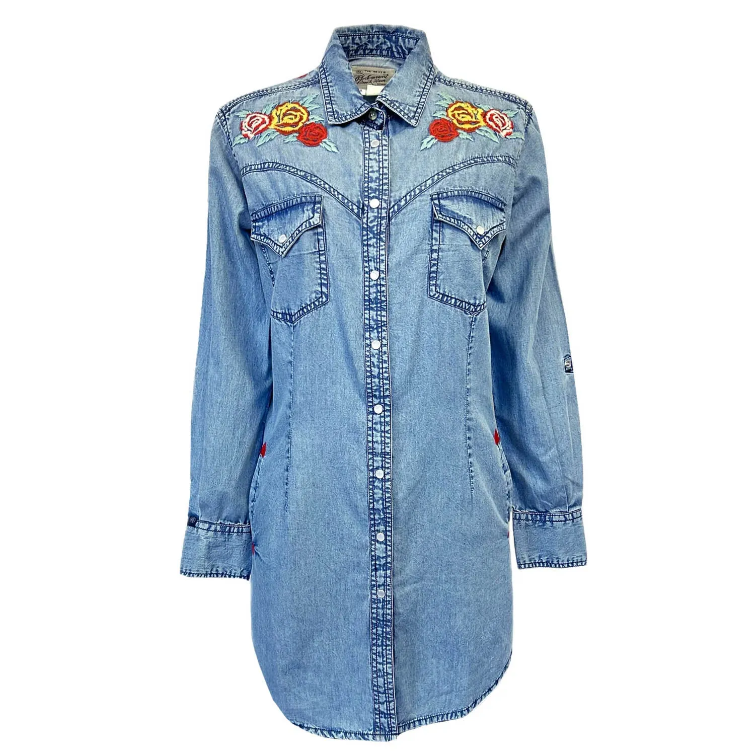 Family Style Minimalist Style Date Night Comfy Choice Rockmount Womens Floral Embroidery Western Denim 100% Cotton L/S Dress