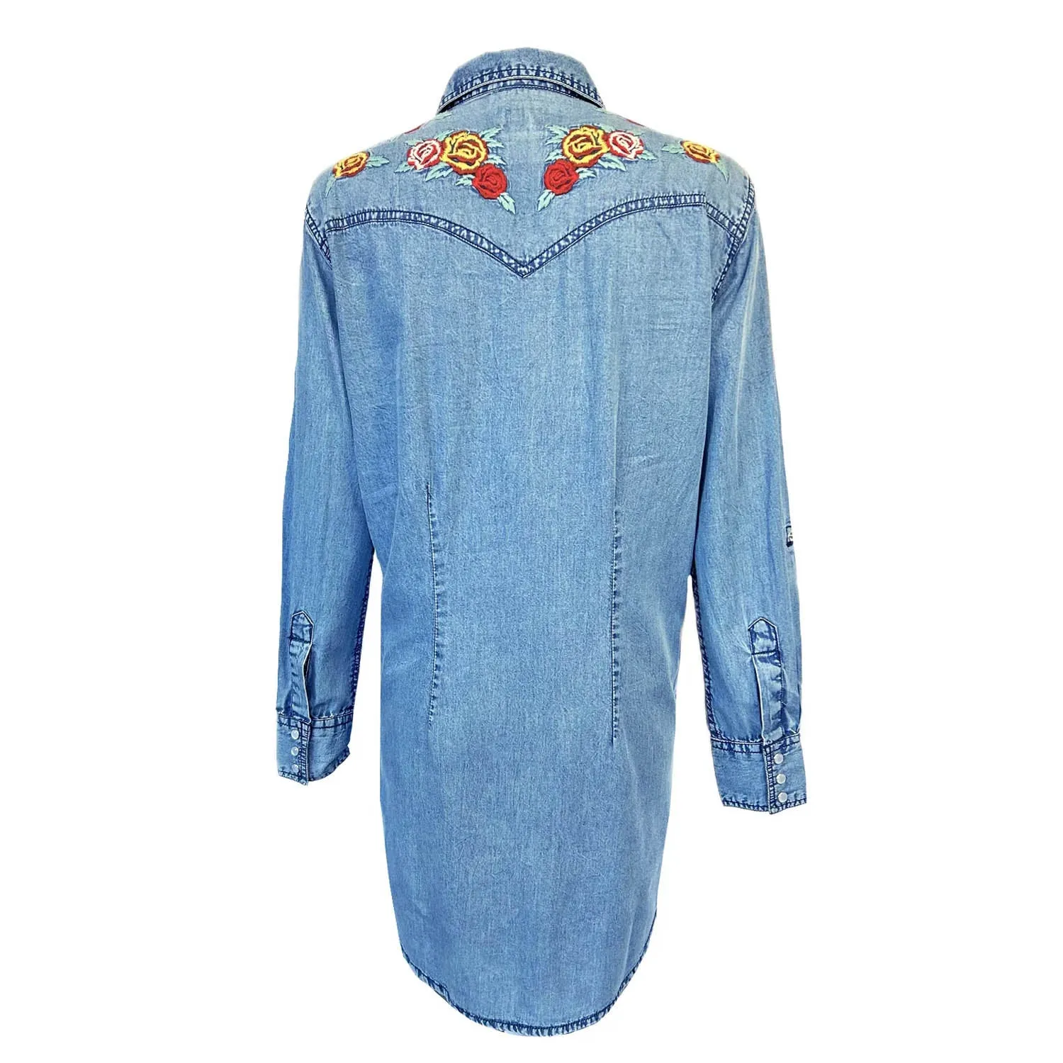 Stylish Essentials Minimal Fit Rockmount Womens Floral Embroidery Western Denim 100% Cotton L/S Dress