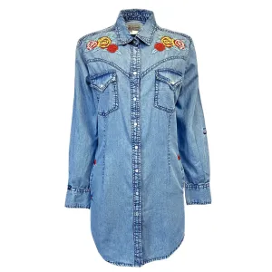 Rockmount Womens Floral Embroidery Western Denim 100% Cotton L/S Dress Perfect Length Rugged Feel Bold Earthy Rockmount Womens Floral Embroidery Western Denim 100% Cotton L/S Dress