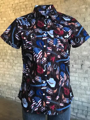 Rockmount Womens Multi-Color 100% Cotton American Flag Western S/S Shirt Quick-Dry Rockmount Womens Multi-Color 100% Cotton American Flag Western S/S Shirt Holiday Outfit