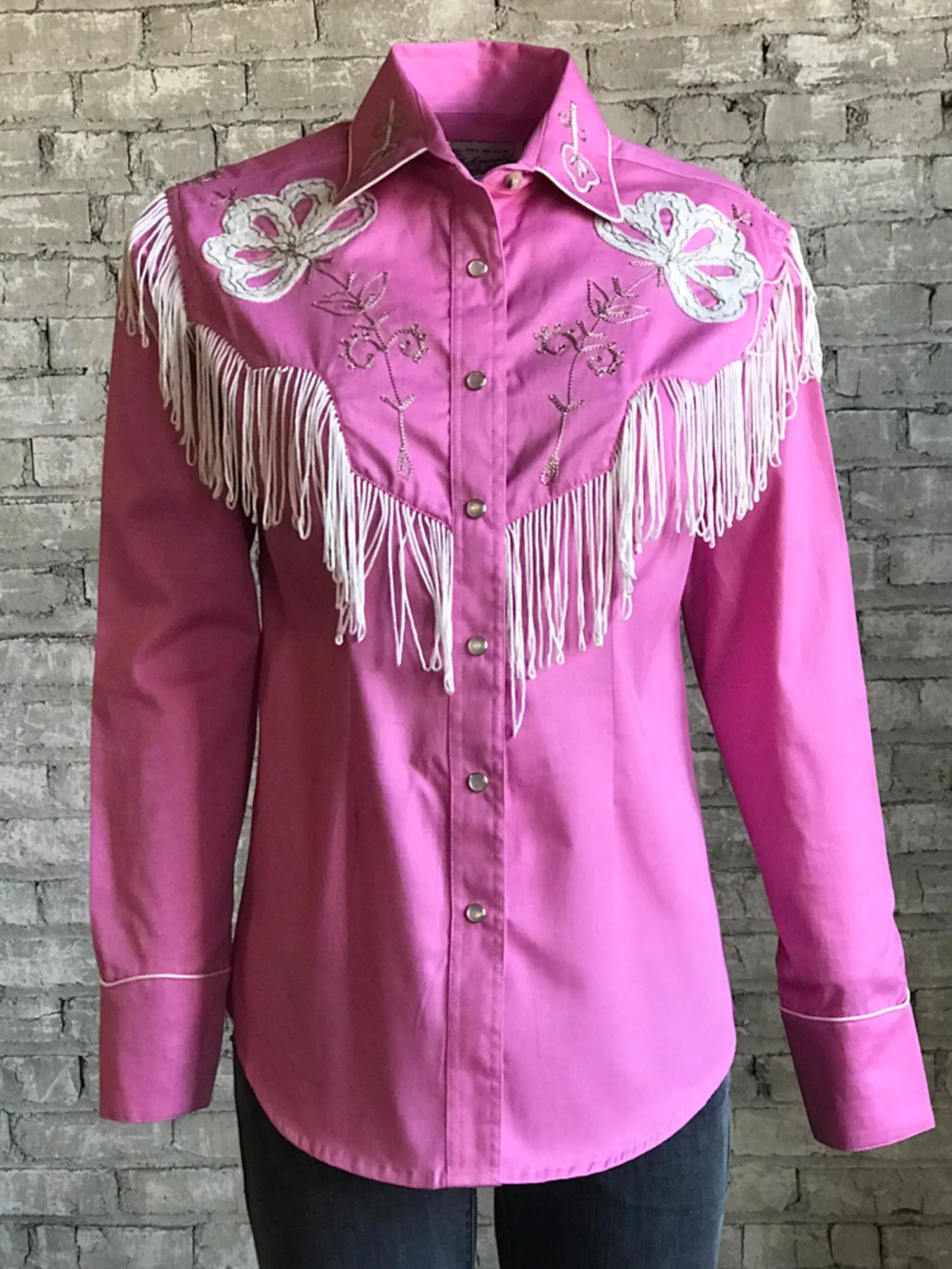 Rockmount Womens Pink 100% Cotton Embroidered Fringe Western L/S Shirt Smart Casual