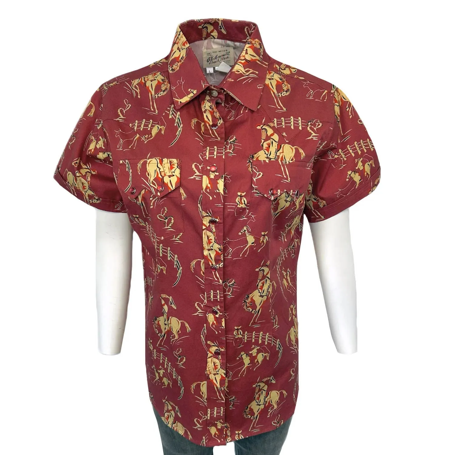 Rockmount Womens Vintage Bronc Print Red 100% Cotton S/S Shirt Trendy Pattern