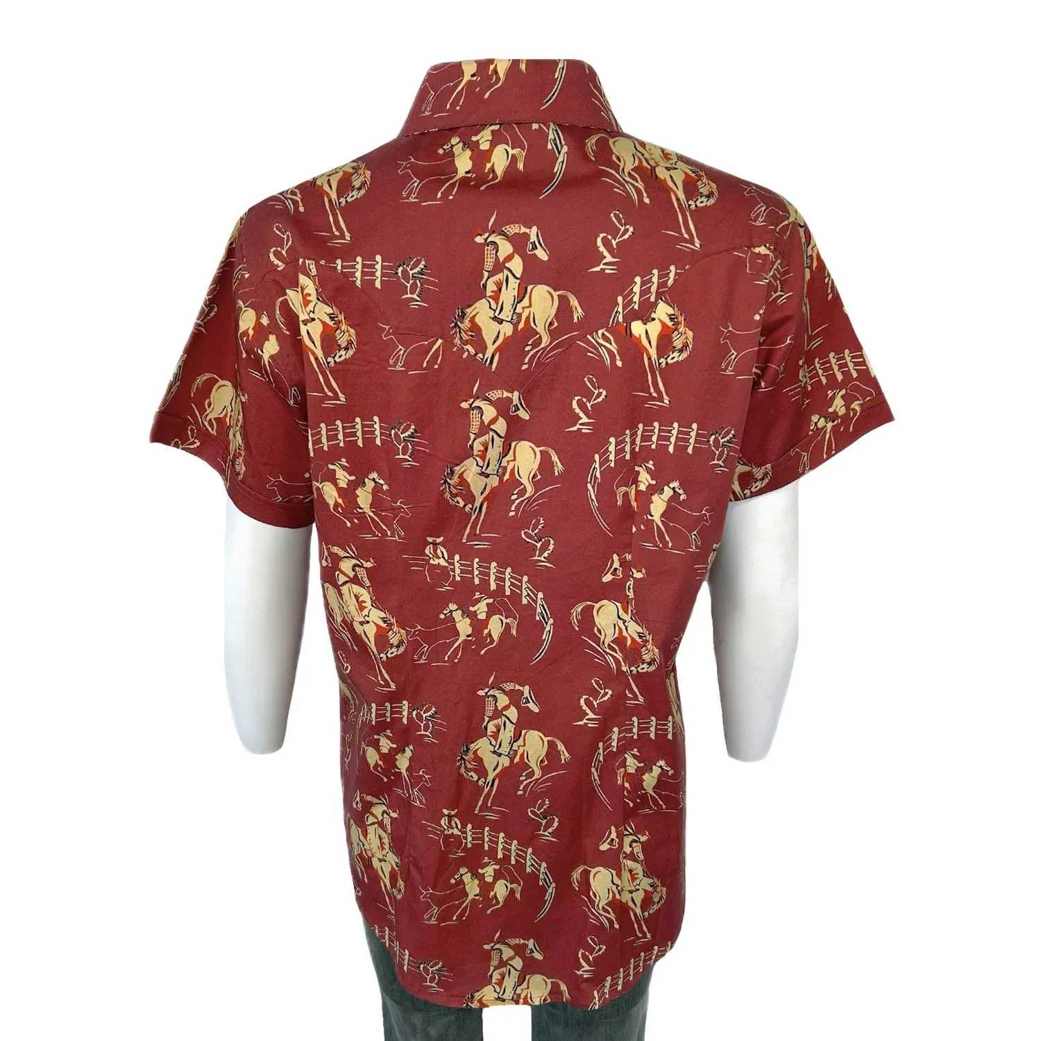 Functional Design Rockmount Womens Vintage Bronc Print Red 100% Cotton S/S Shirt