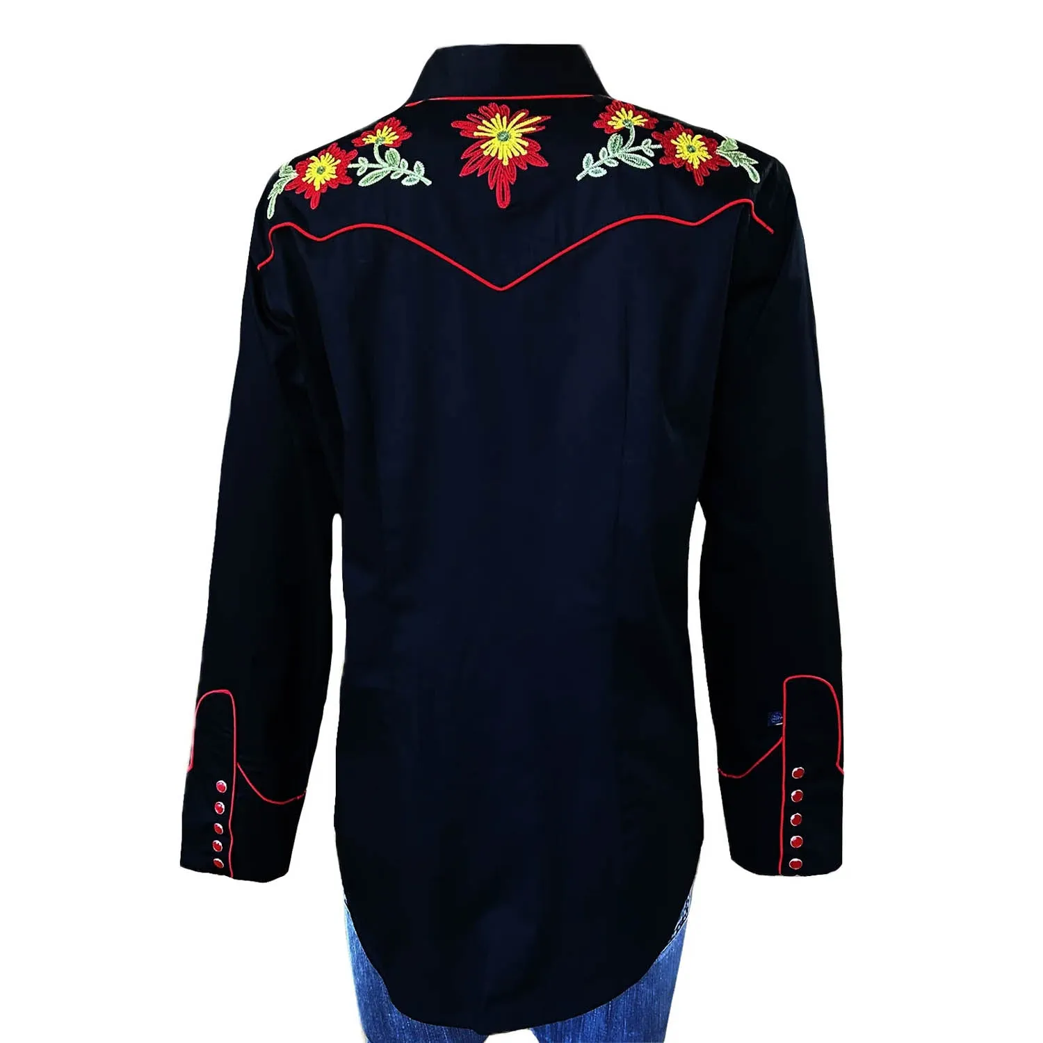 Checkered Print Classic Fit Rockmount Womens Vintage Embroidered Flower Black 100% Cotton L/S Shirt
