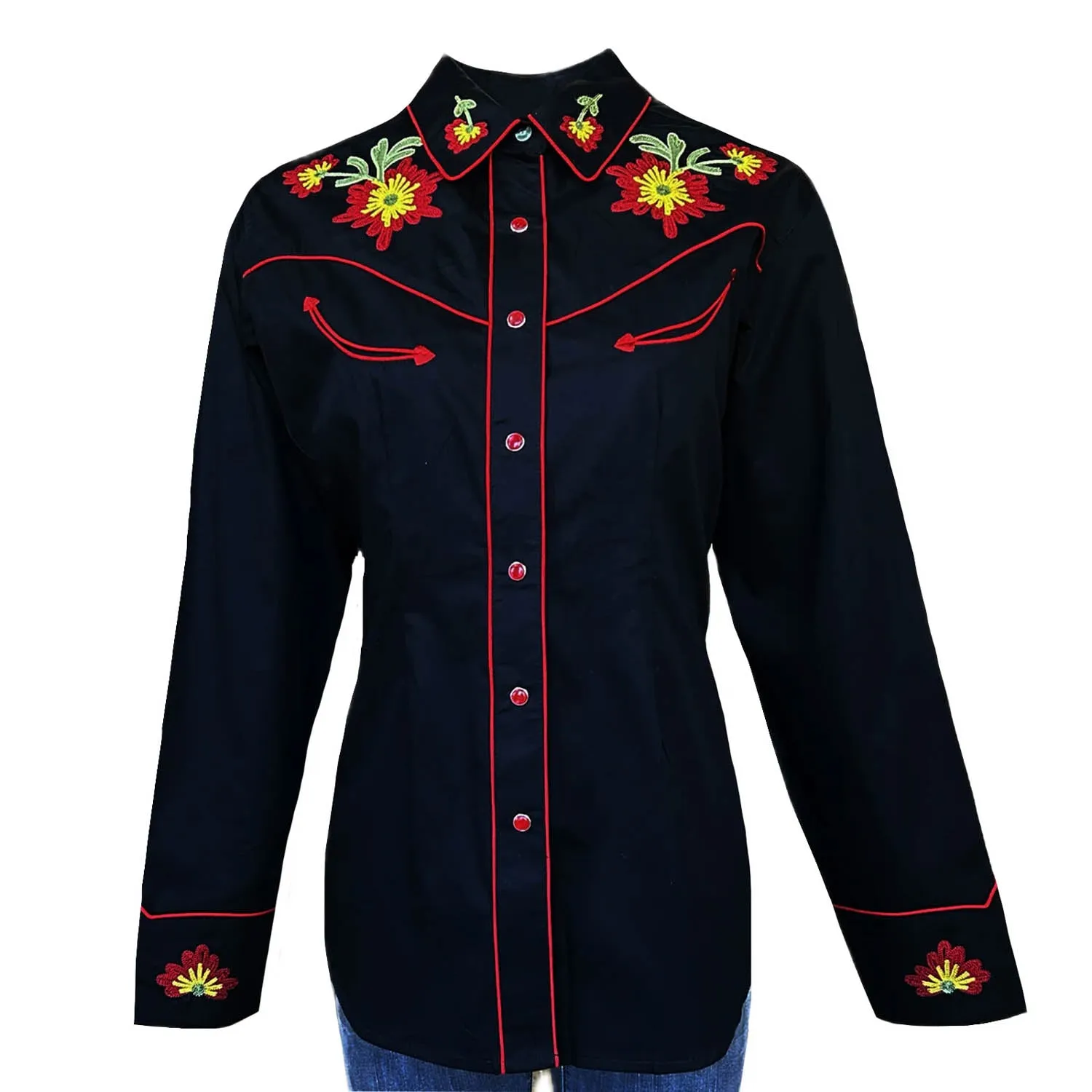 Animal Print Sleek Style Rockmount Womens Vintage Embroidered Flower Black 100% Cotton L/S Shirt