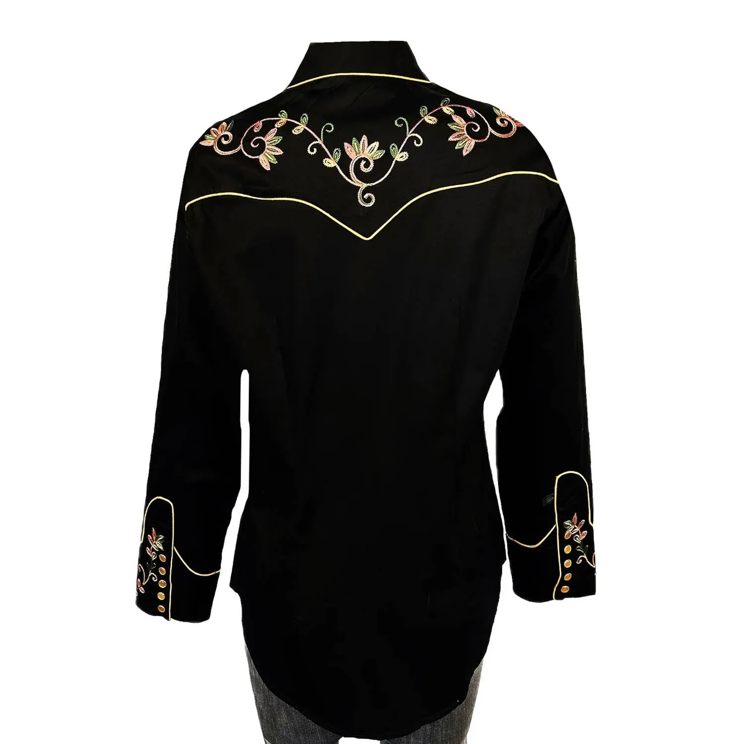 Rockmount Womens Vintage Variegated Floral Black 100% Cotton L/S Shirt Subtle Print Holiday Style