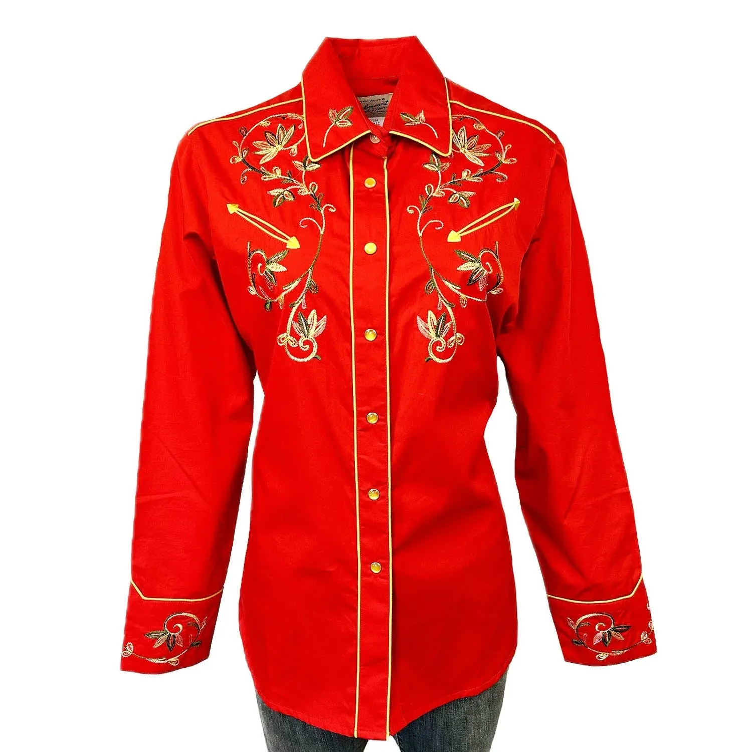 Pre Shrunk Cotton Blend Cozy Fit Rockmount Womens Vintage Variegated Floral Red 100% Cotton L/S Shirt