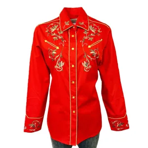 Rockmount Womens Vintage Variegated Floral Red 100% Cotton L/S Shirt Double Layered Shoulders Pre Shrunk Cotton Blend Cozy Fit Rockmount Womens Vintage Variegated Floral Red 100% Cotton L/S Shirt