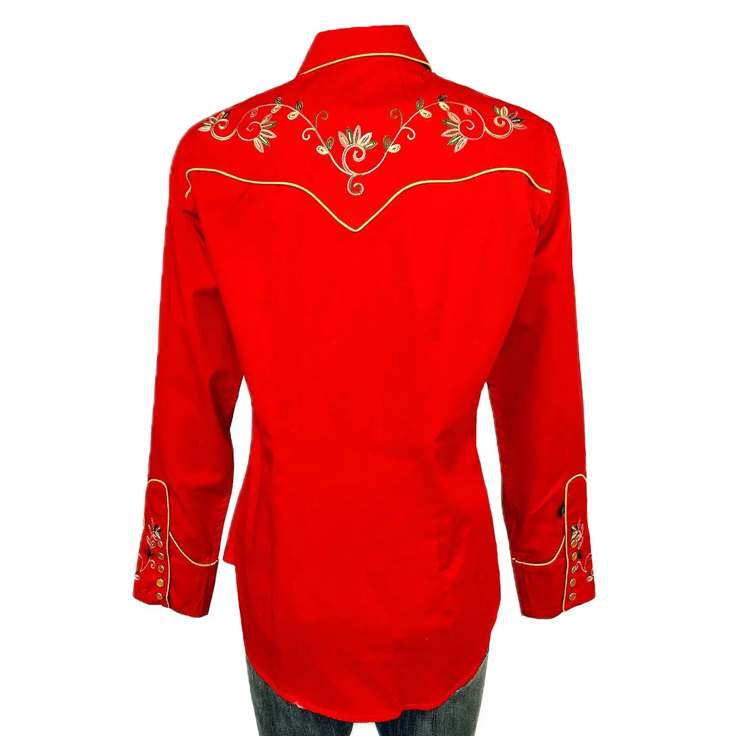 Flexible Mobility Rockmount Womens Vintage Variegated Floral Red 100% Cotton L/S Shirt