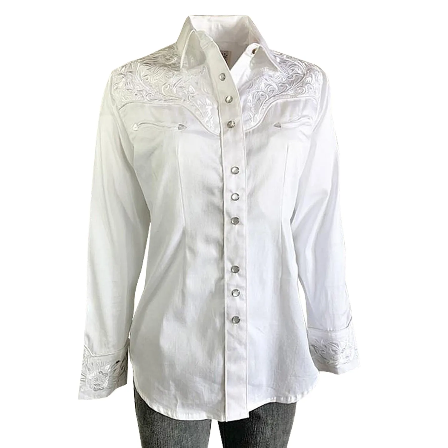 Rockmount Womens White/White 100% Cotton Vintage Tooling Embroidery L/S Shirt Reinforced Seams Unisex wear