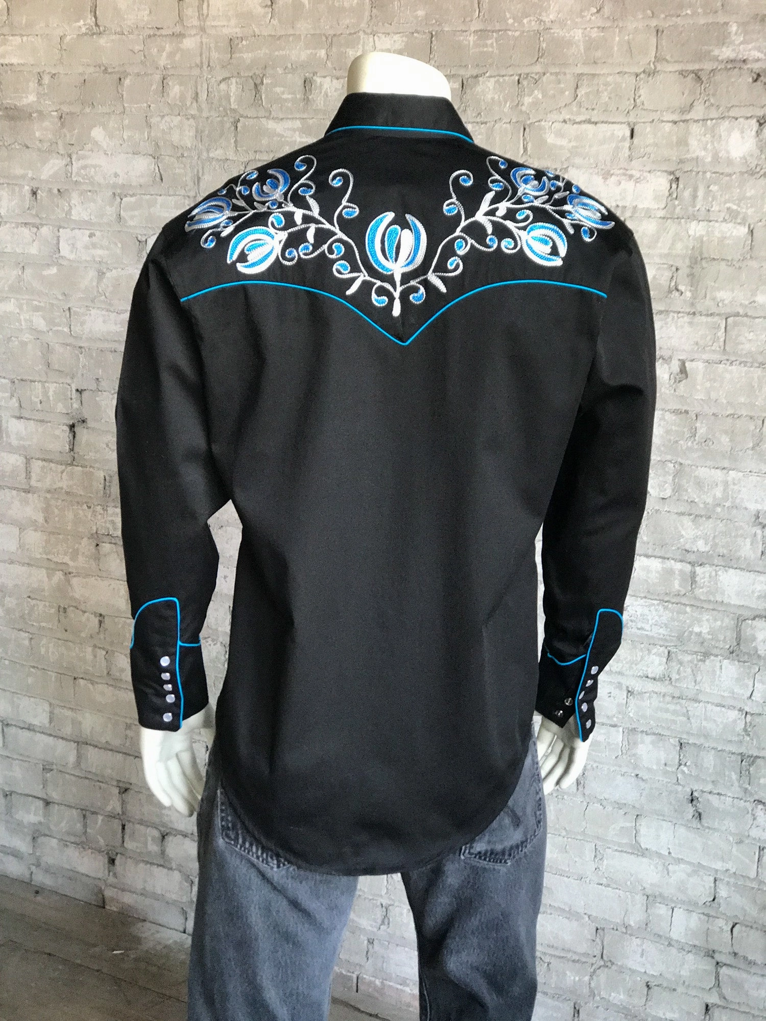 Rockmount Mens Black 100% Cotton Prairie Blue Western L/S Shirt Personalized Touch Holiday Travel