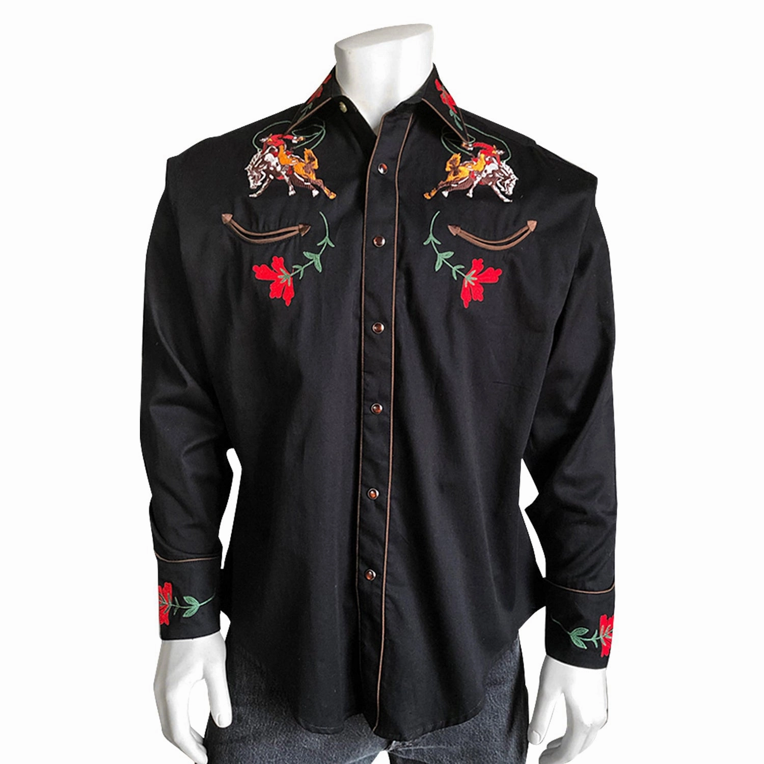 Teen Fashion Seamless Side Panels Rockmount Mens Black 100% Cotton Vintage Bronc Embroidered L/S Shirt