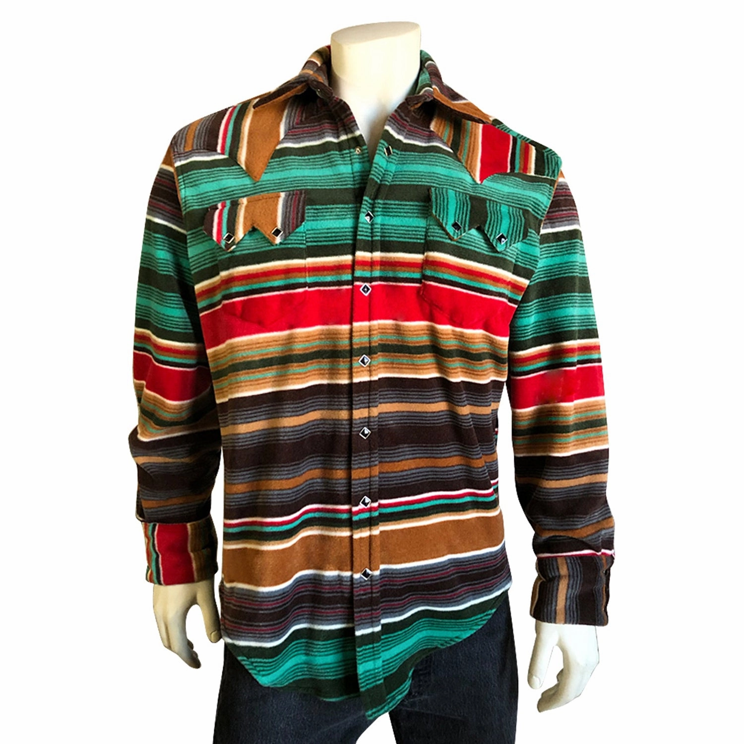 Rockmount Mens Brown/Green Fleece Serape Pattern Western L/S Shirt Hypoallergenic Lining Fashion Essential
