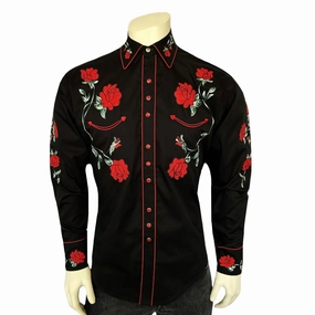 Rockmount Mens Crochet Rose Floral Black 100% Cotton L/S Shirt Timeless Fit Rockmount Mens Crochet Rose Floral Black 100% Cotton L/S Shirt Unisex Design