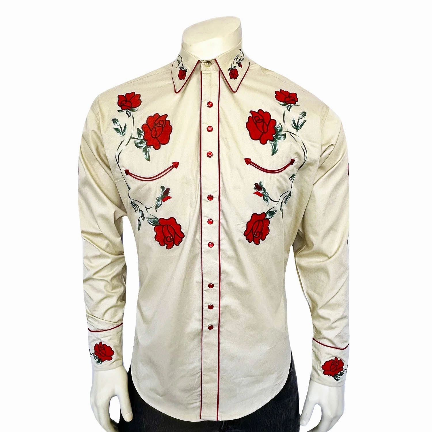 Cozy Wear Rockmount Mens Crochet Rose Floral Khaki 100% Cotton L/S Shirt