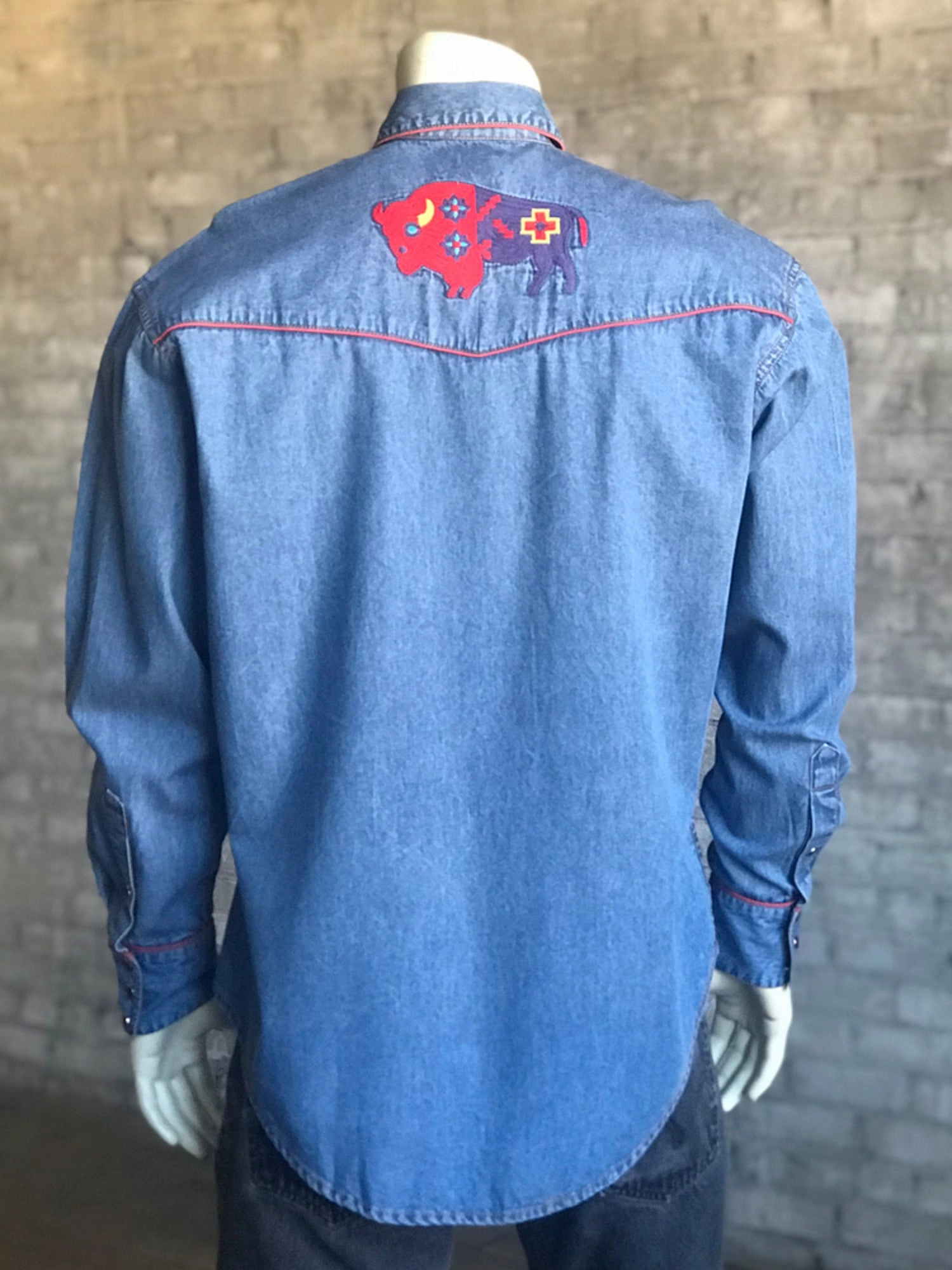 Rockmount Mens Denim 100% Cotton American Bison Western L/S Shirt Quick Dry Technology Subtle Print
