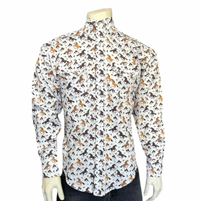Rockmount Mens Horse Print Western White/Tan 100% Cotton L/S Shirt Warm Fabric Monochrome Palette Rockmount Mens Horse Print Western White/Tan 100% Cotton L/S Shirt