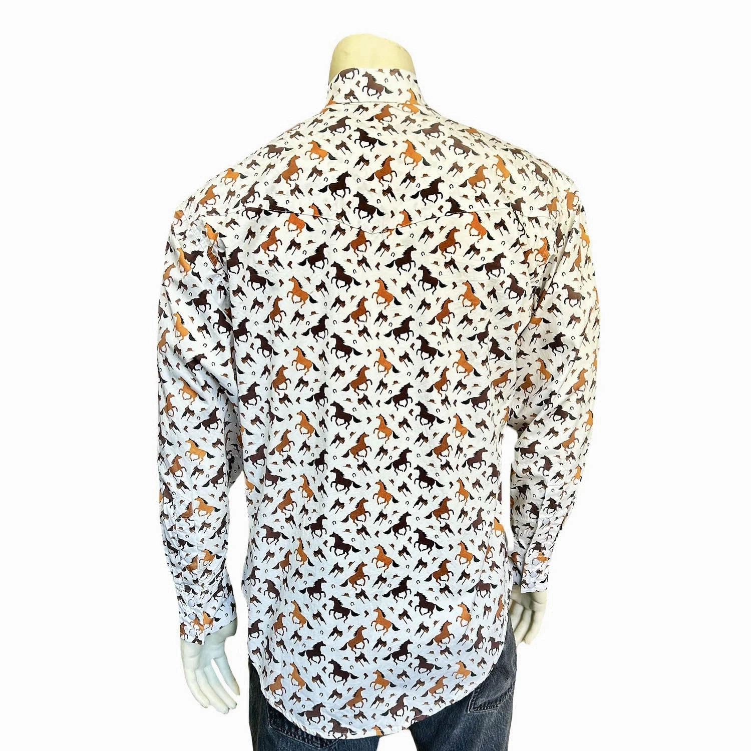Rockmount Mens Horse Print Western White/Tan 100% Cotton L/S Shirt Checkered Style Brunch Outfit