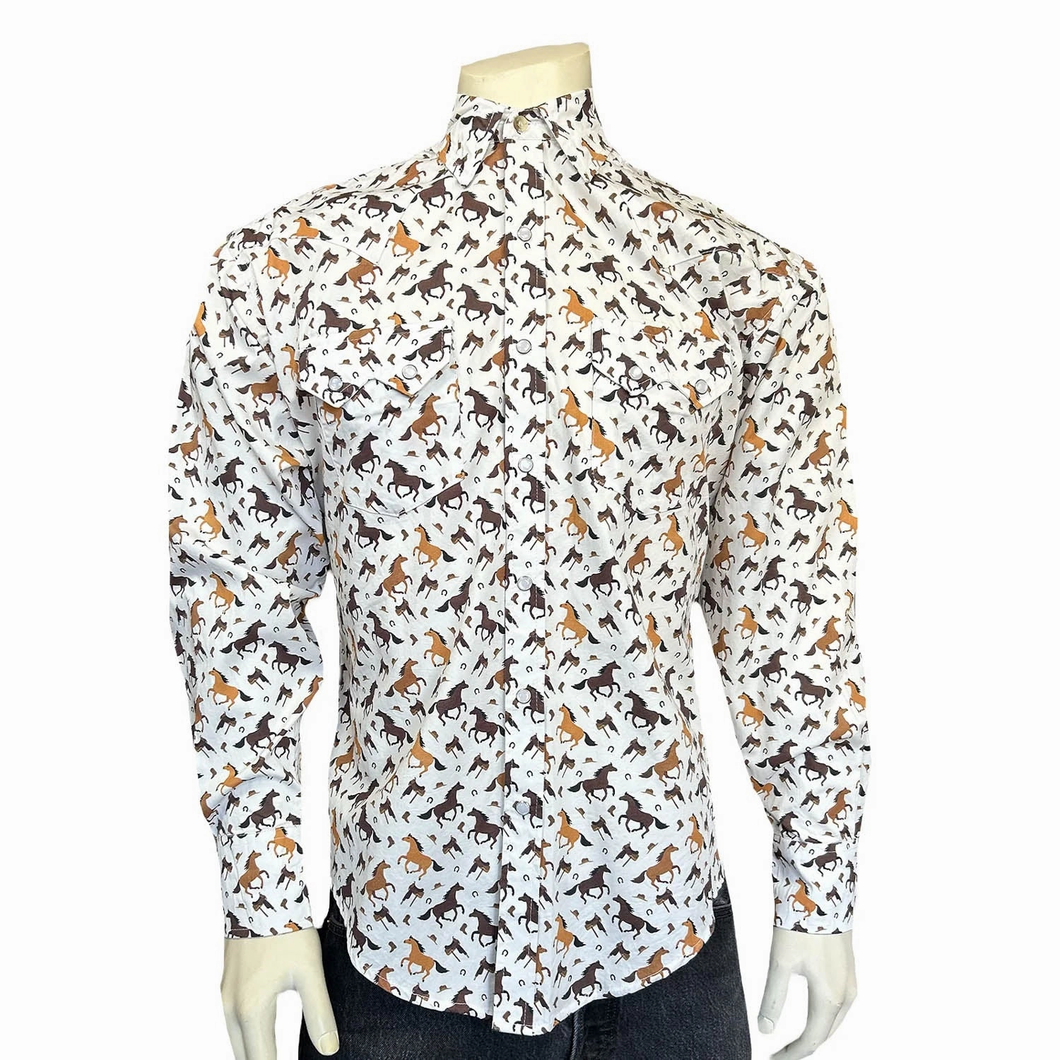 Monochrome Palette Rockmount Mens Horse Print Western White/Tan 100% Cotton L/S Shirt