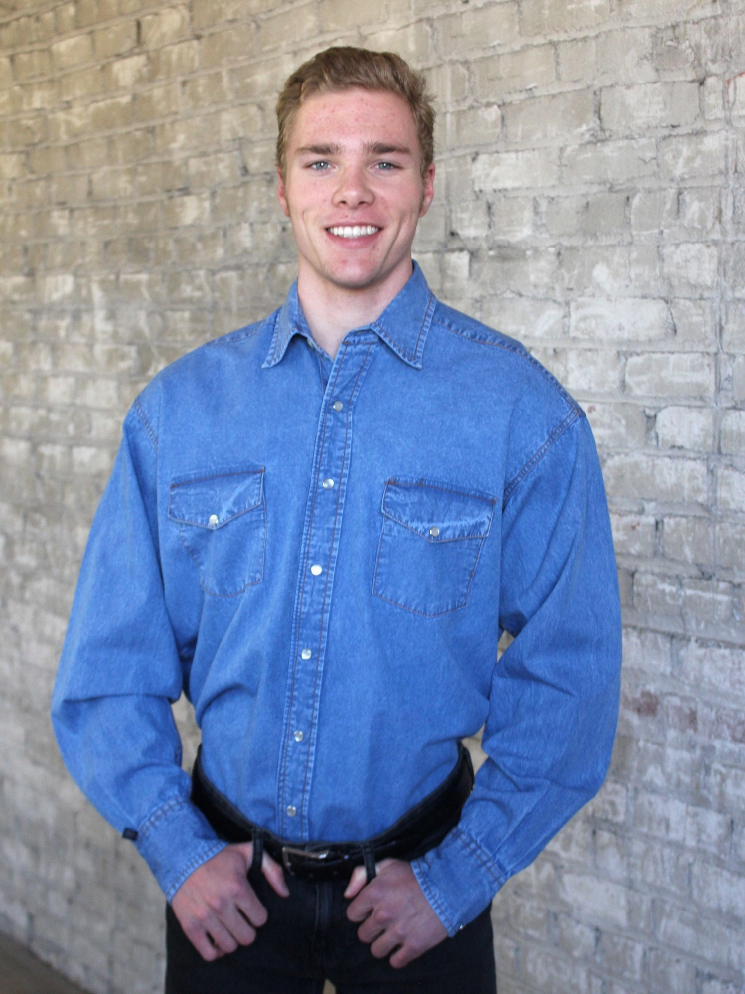 Twill Weave Tall friendly Rockmount Mens Indigo 100% Cotton Stonewashed Denim L/S Shirt