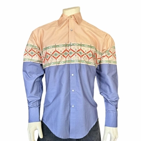 Rockmount Mens Native Pattern Peach/Blue 100% Cotton L/S Shirt Double Needle Stitching Multi Layer Stitching Rockmount Mens Native Pattern Peach/Blue 100% Cotton L/S Shirt
