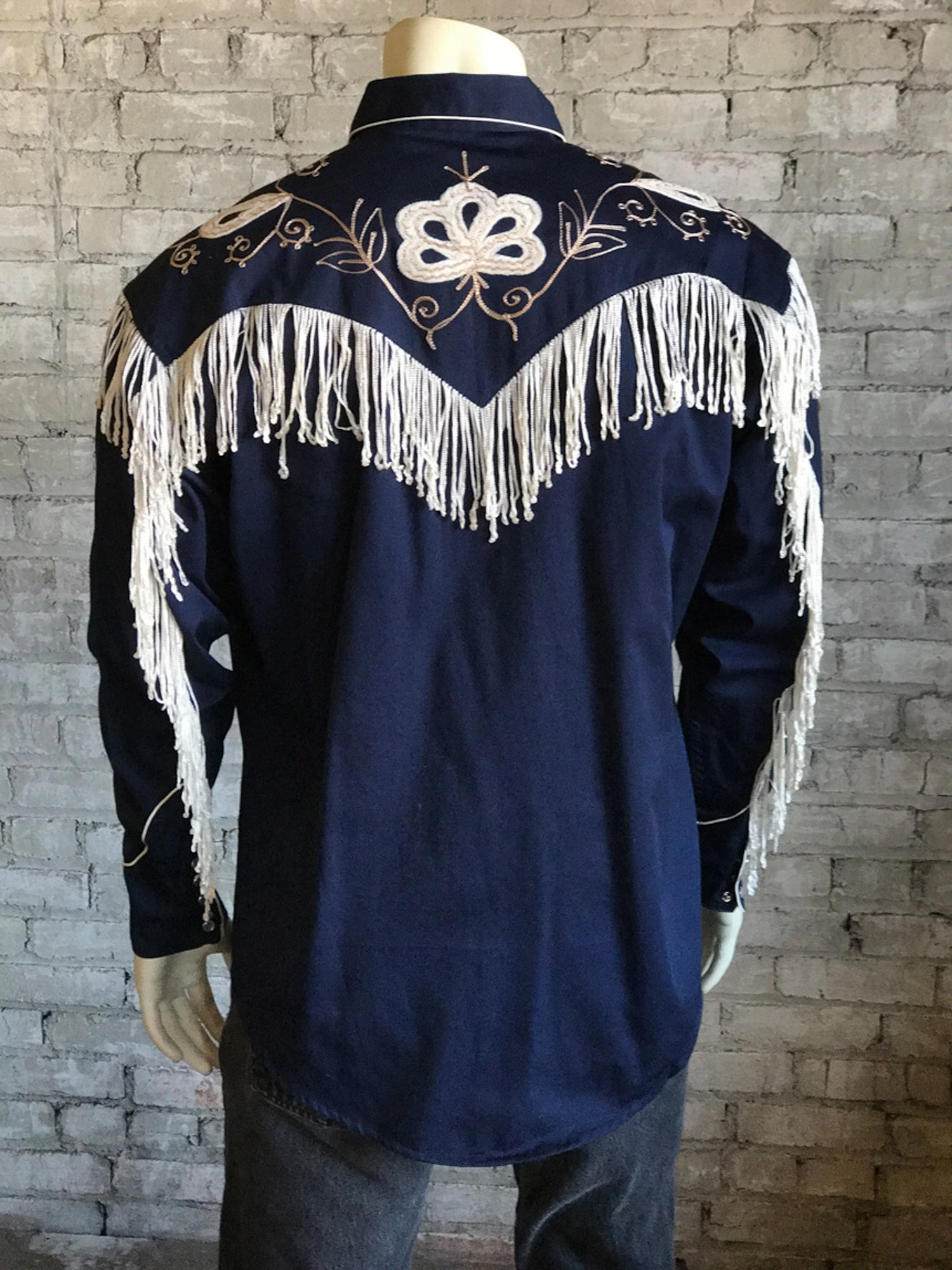 Rockmount Mens Navy 100% Cotton Vintage Fringe Western L/S Shirt Multi Functional Pockets