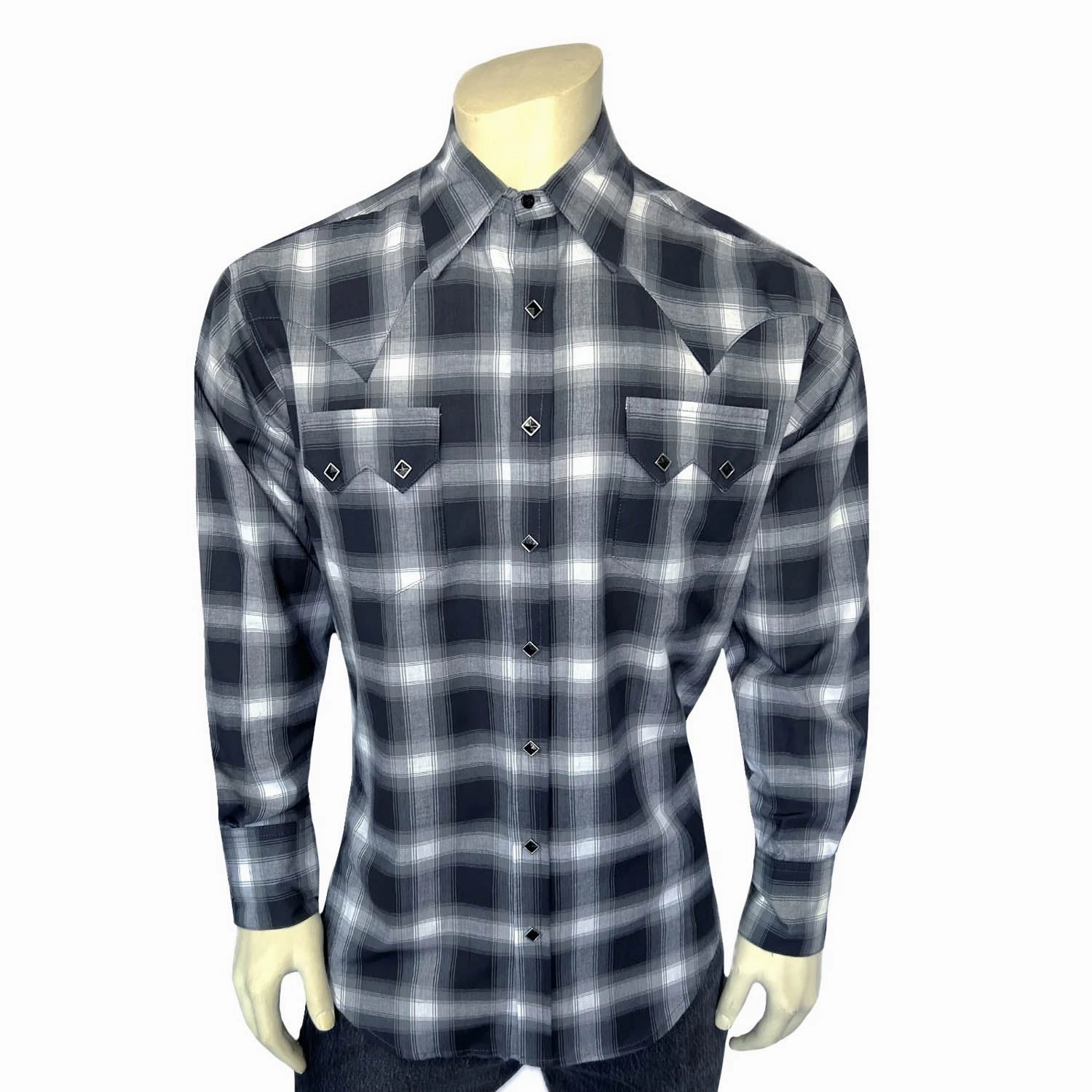 Winter Retreat Rockmount Mens Shadow Plaid Western Black/Blue 100% Cotton L/S Shirt