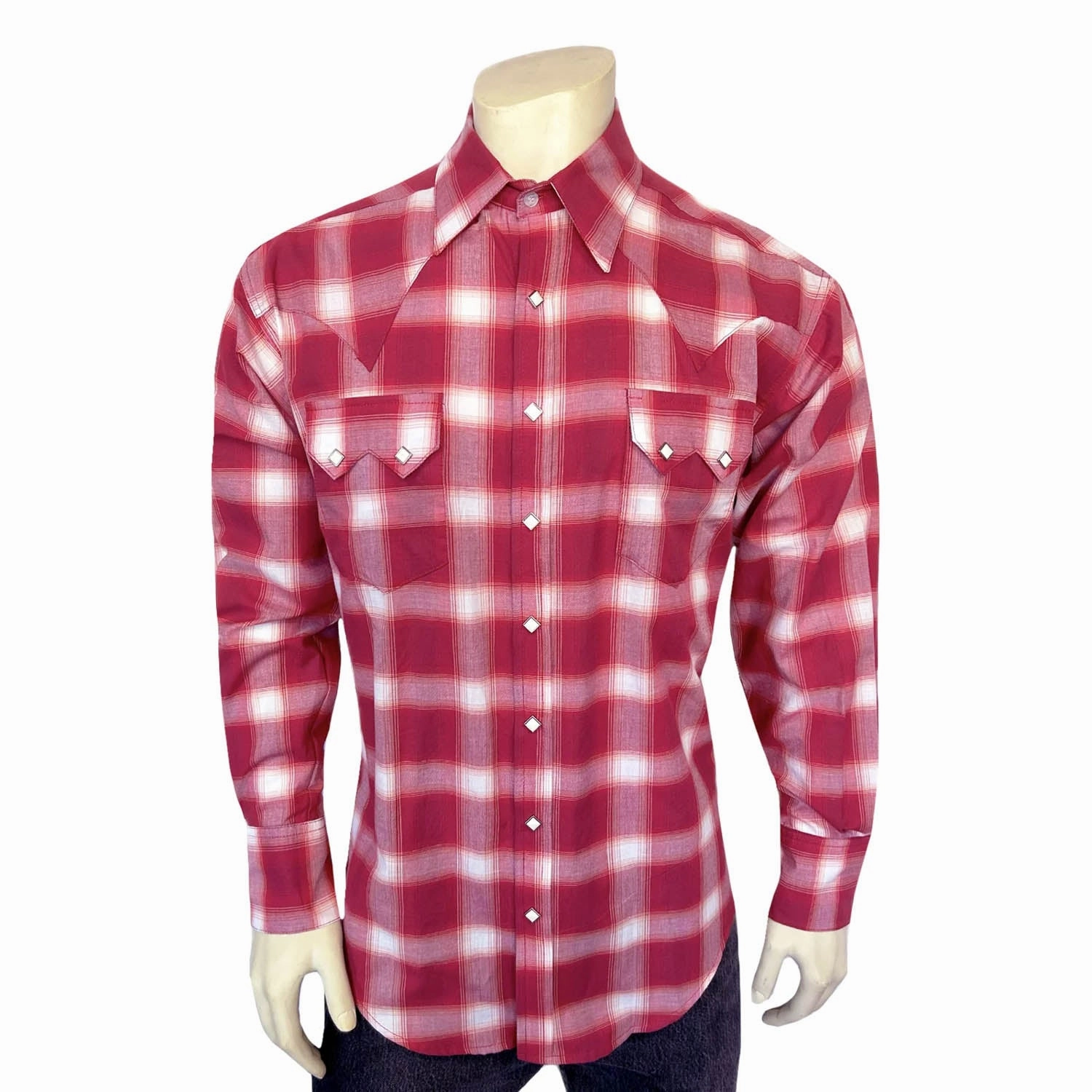 Rockmount Mens Shadow Plaid Western Red/White 100% Cotton L/S Shirt Runway Inspired