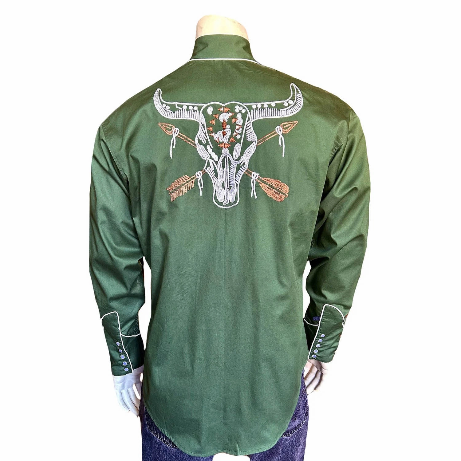 checkered pattern Striped Design Rockmount Mens Steer Skull and Arrow Green 100% Cotton L/S Shirt