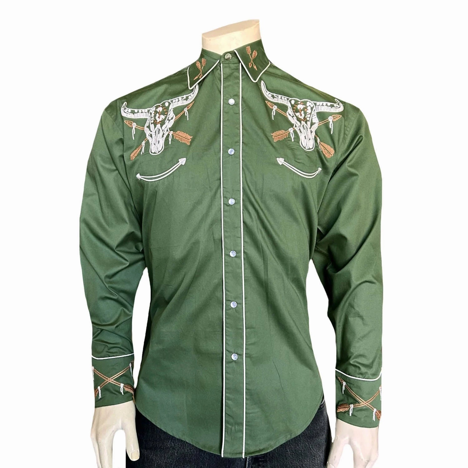 Classic Comfort Rockmount Mens Steer Skull and Arrow Green 100% Cotton L/S Shirt