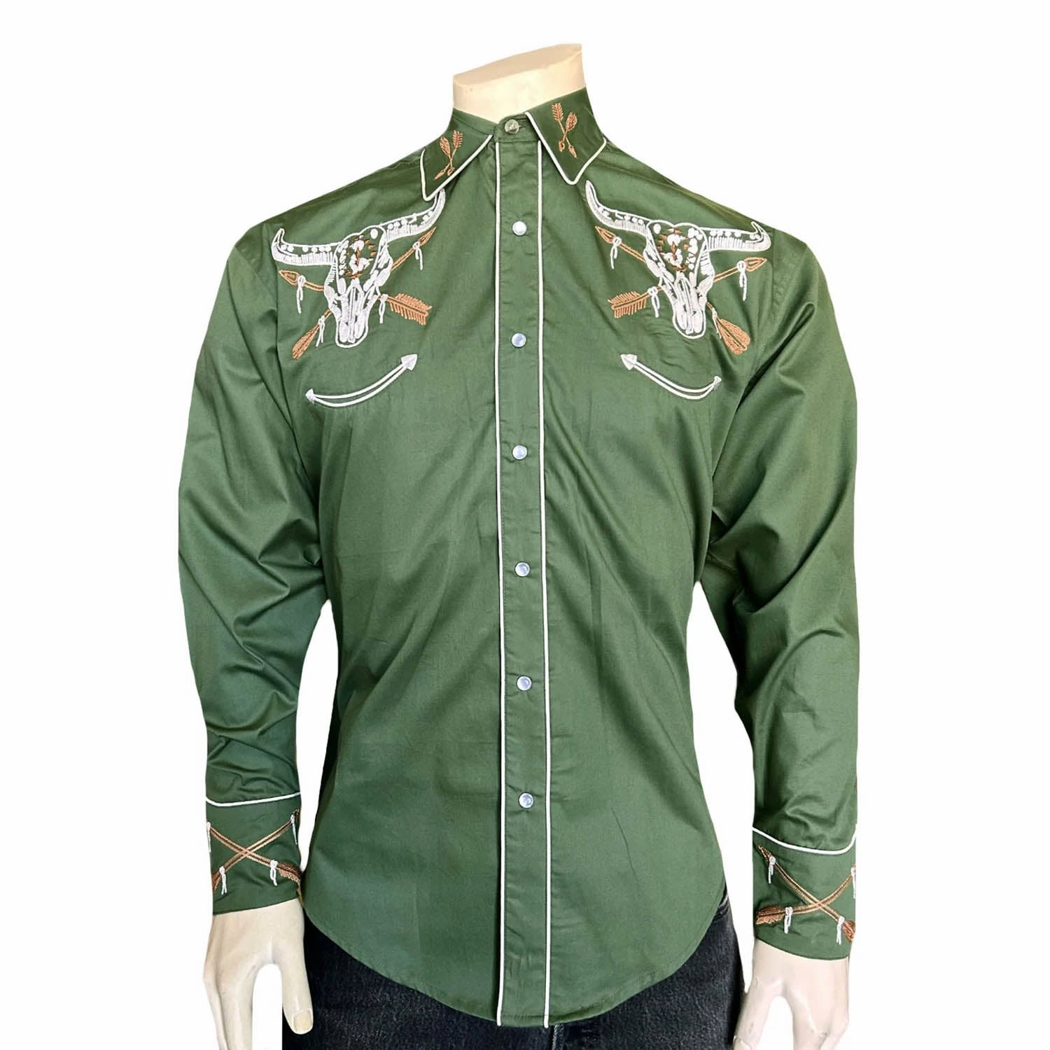 Non-irritating Contemporary Style Rockmount Mens Steer Skull and Arrow Green 100% Cotton L/S Shirt